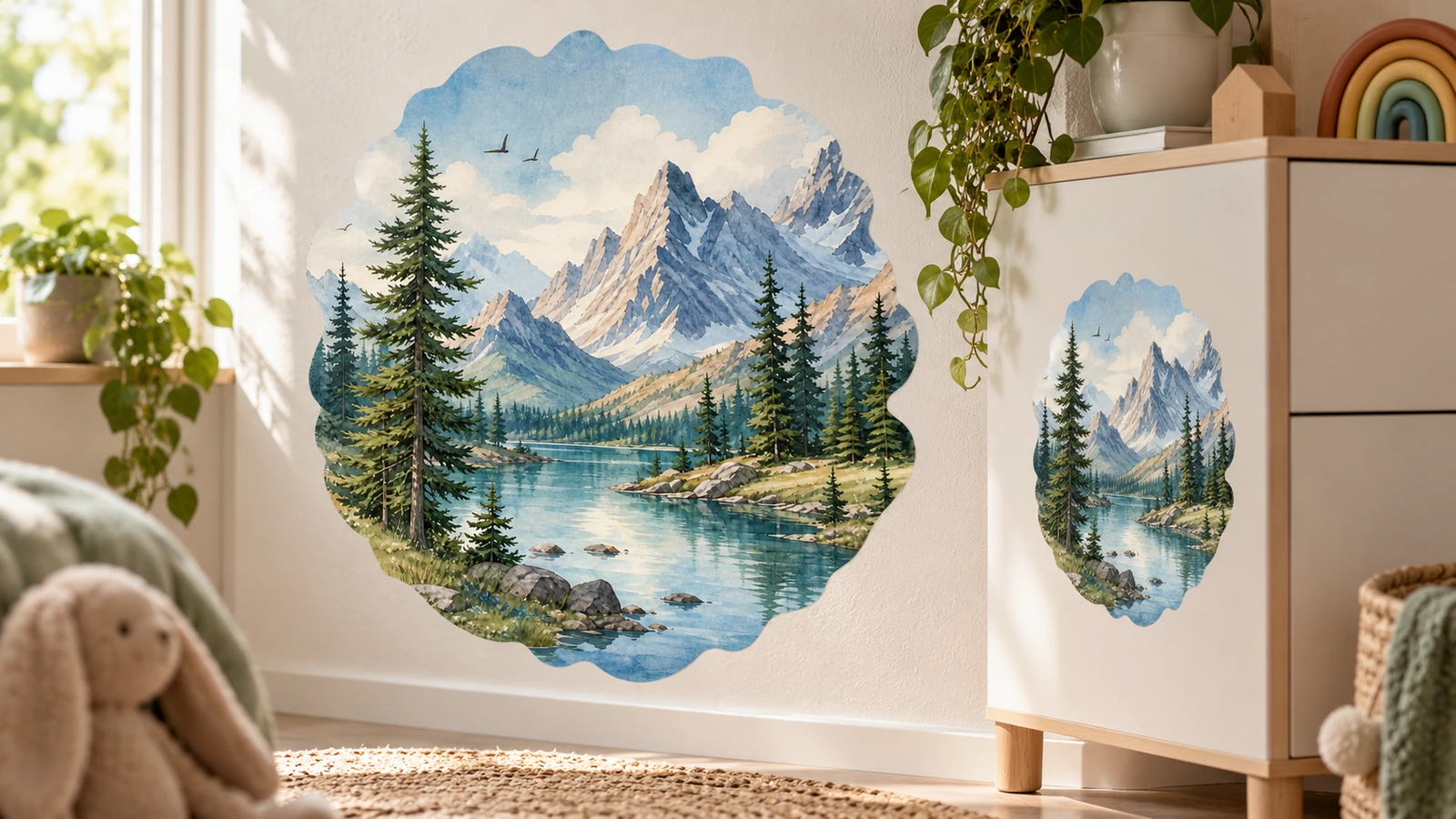 Berg-und-See-Dekoration an Wand und Schrank Berg-und-See-Wandtattoos an einer Wand und einem Schrank im Kinderzimmer