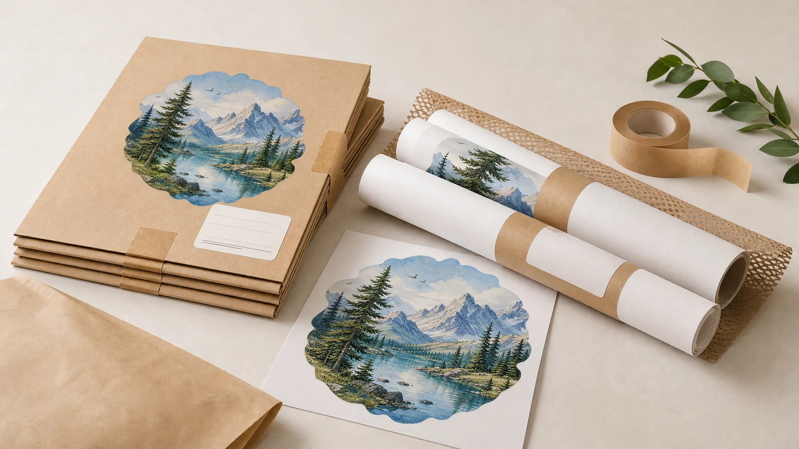 Muster und Verpackungsdisplay der Berg-und-See-Wandtattoos Flache Kartonverpackungen, aufgerollte Drucke mit Kraftpapierbändern und ein Berg-und-See-Wandtattoo-Muster auf einem Tisch