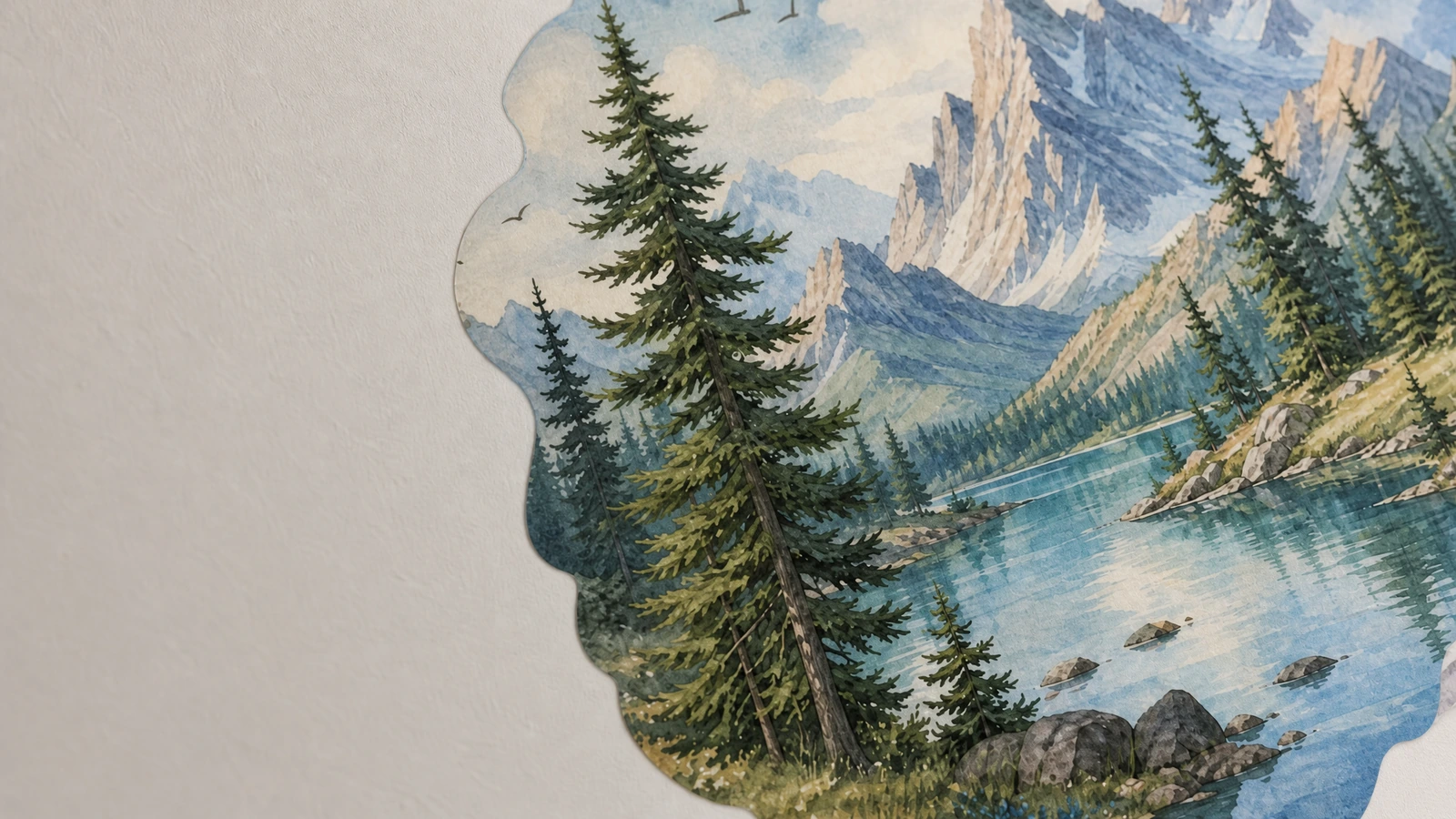 Detail der Grafik des Berg-und-See-Wandtattoos Nahaufnahme eines Berg-und-See-Wandtattoos mit Nadelbäumen, felsigen Gipfeln und einem Seeufer