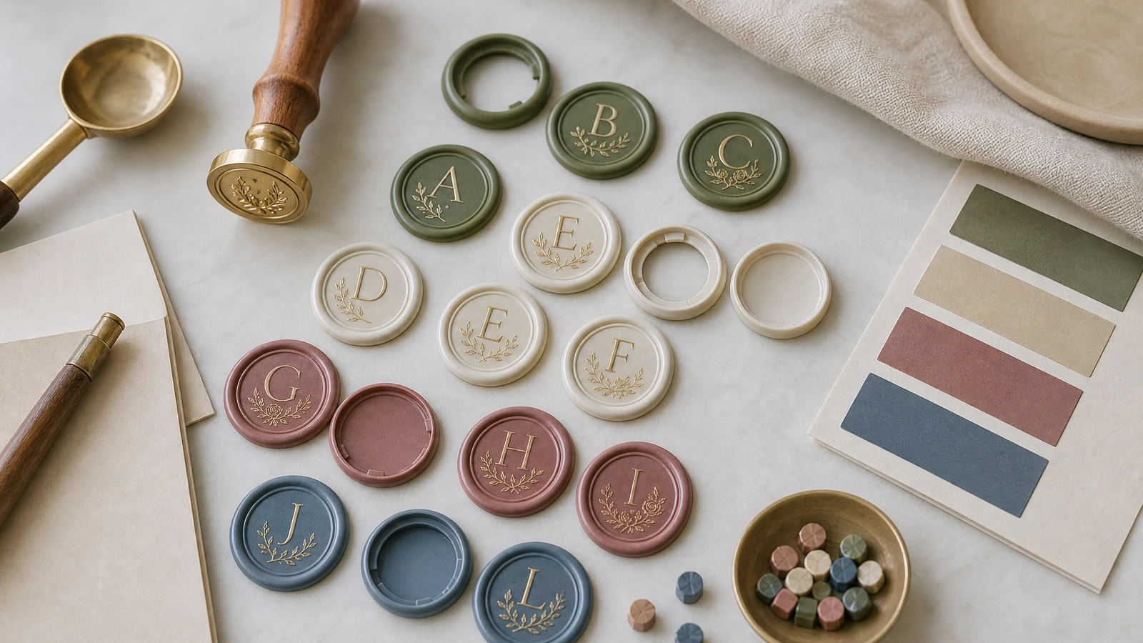 Monogramm-Wachssiegel in Grün, Elfenbein, Rosa und Blau neben einem Wachsstempel, einem Löffel und Farbmustern