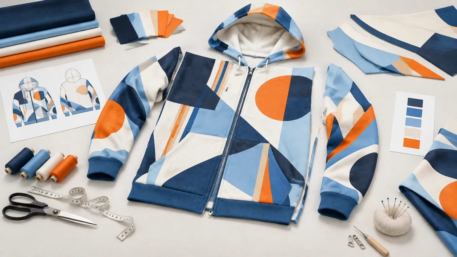 Geometrisch gemusterter Zip-Hoodie in Blau, Orange und Weiß, umgeben von Stoffmustern, Garn und Nähwerkzeugen
