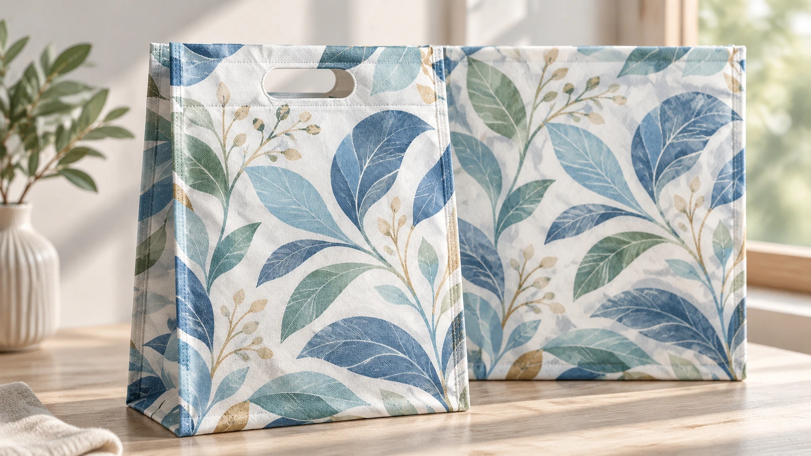 Zwei D-cut-Taschen mit Blattmuster stehen auf einem sonnigen Holztisch