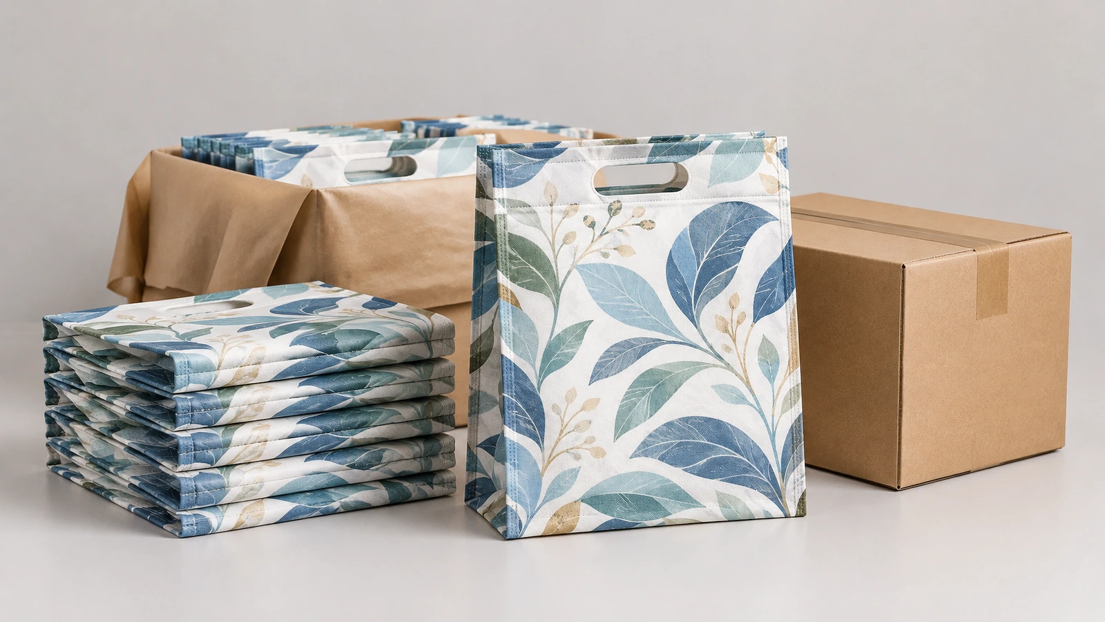 Aufrecht stehende D-cut-Tasche mit Blattmuster und gefaltete Taschen neben Verpackungskartons aus Pappe