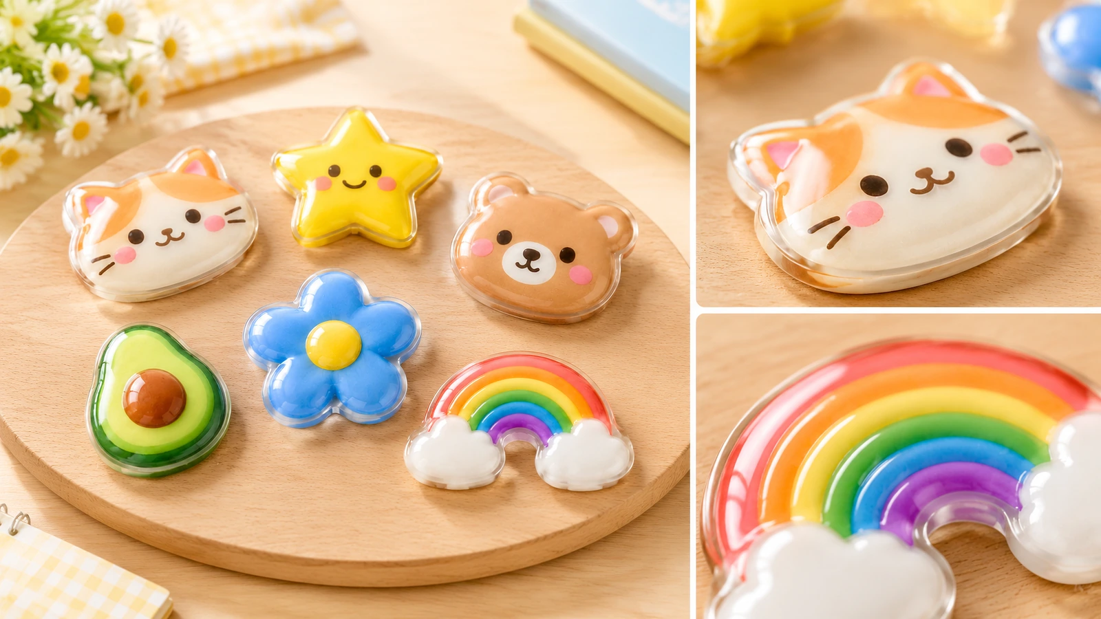 Dome-Sticker mit Katzen-, Stern-, Bären-, Blumen-, Avocado- und Regenbogenmotiven auf einem runden Holzbrett, mit Detailansichten von Katze und Regenbogen