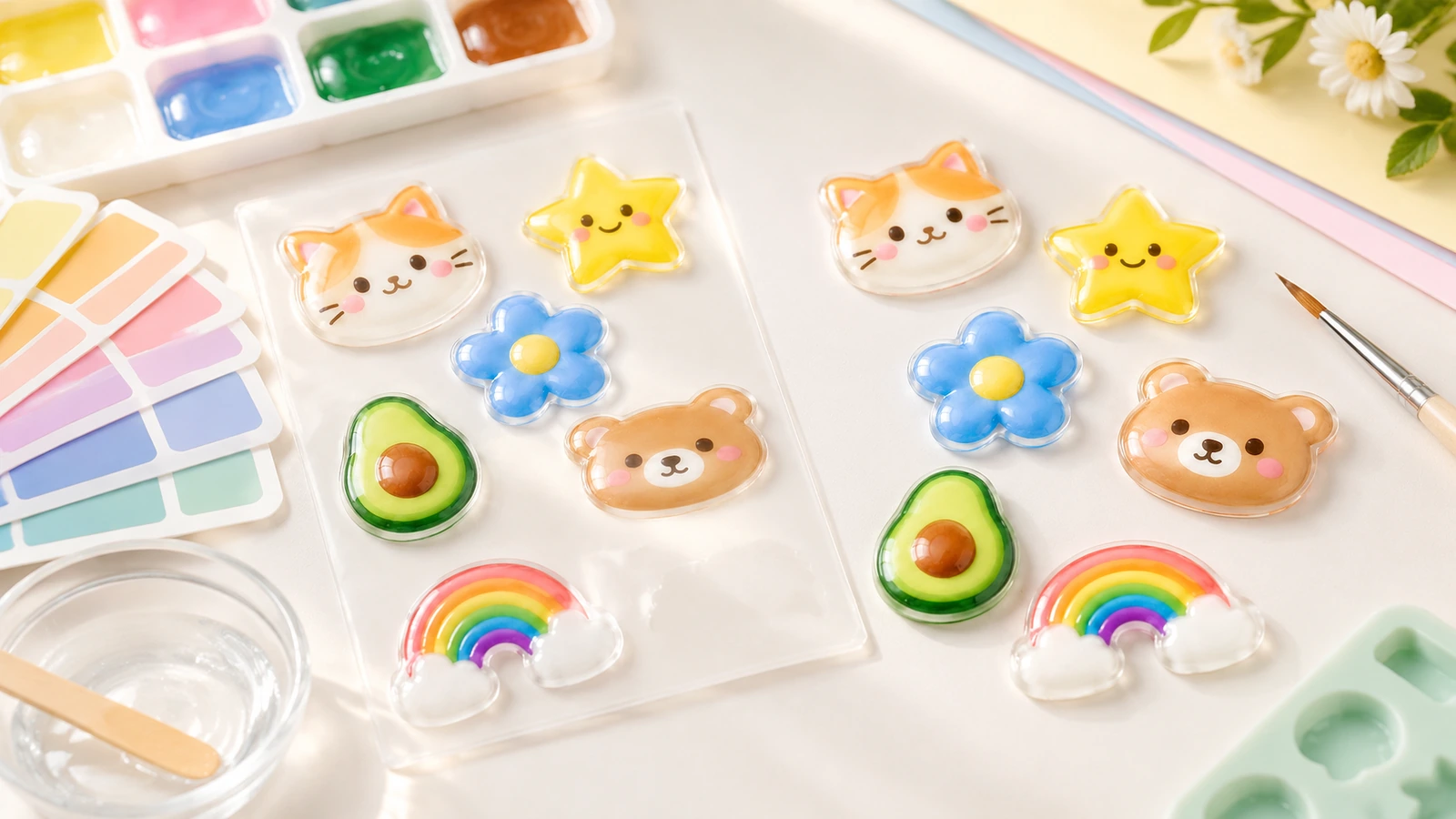 Bögen mit glänzenden Dome-Stickern mit Katzen-, Stern-, Blumen-, Bären-, Avocado- und Regenbogenmotiven neben Malutensilien