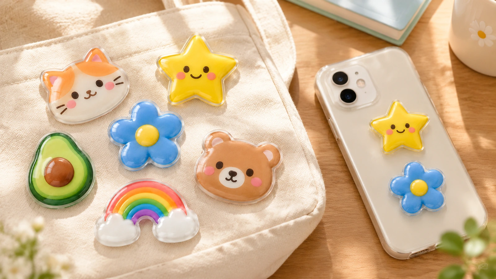 Bunte Dome-Sticker mit Katzen-, Stern-, Blumen-, Bären-, Avocado- und Regenbogenmotiven auf einer Stofftasche, neben einer dekorierten Handyhülle