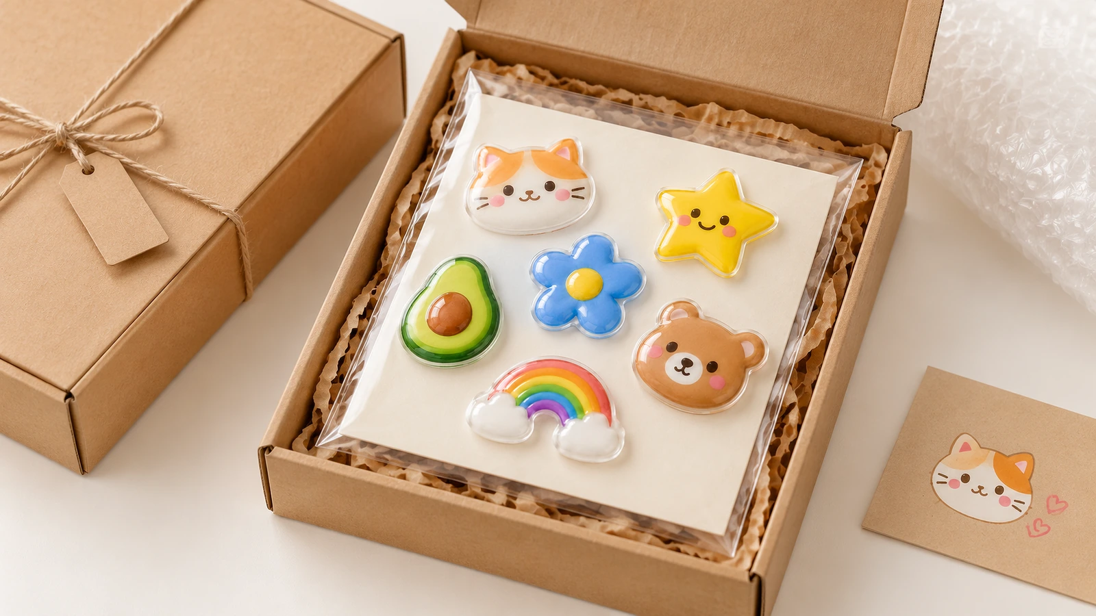 Cartoon-Dome-Stickerbogen in einer offenen Geschenkbox aus Kraftpapier mit Papierschnipseln als Füllmaterial