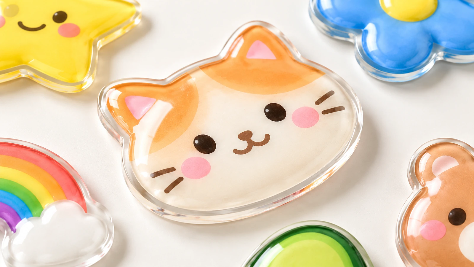 Nahaufnahme eines glänzenden katzenförmigen Dome-Stickers, umgeben von Stern-, Blumen-, Regenbogen- und Avocadomotiven