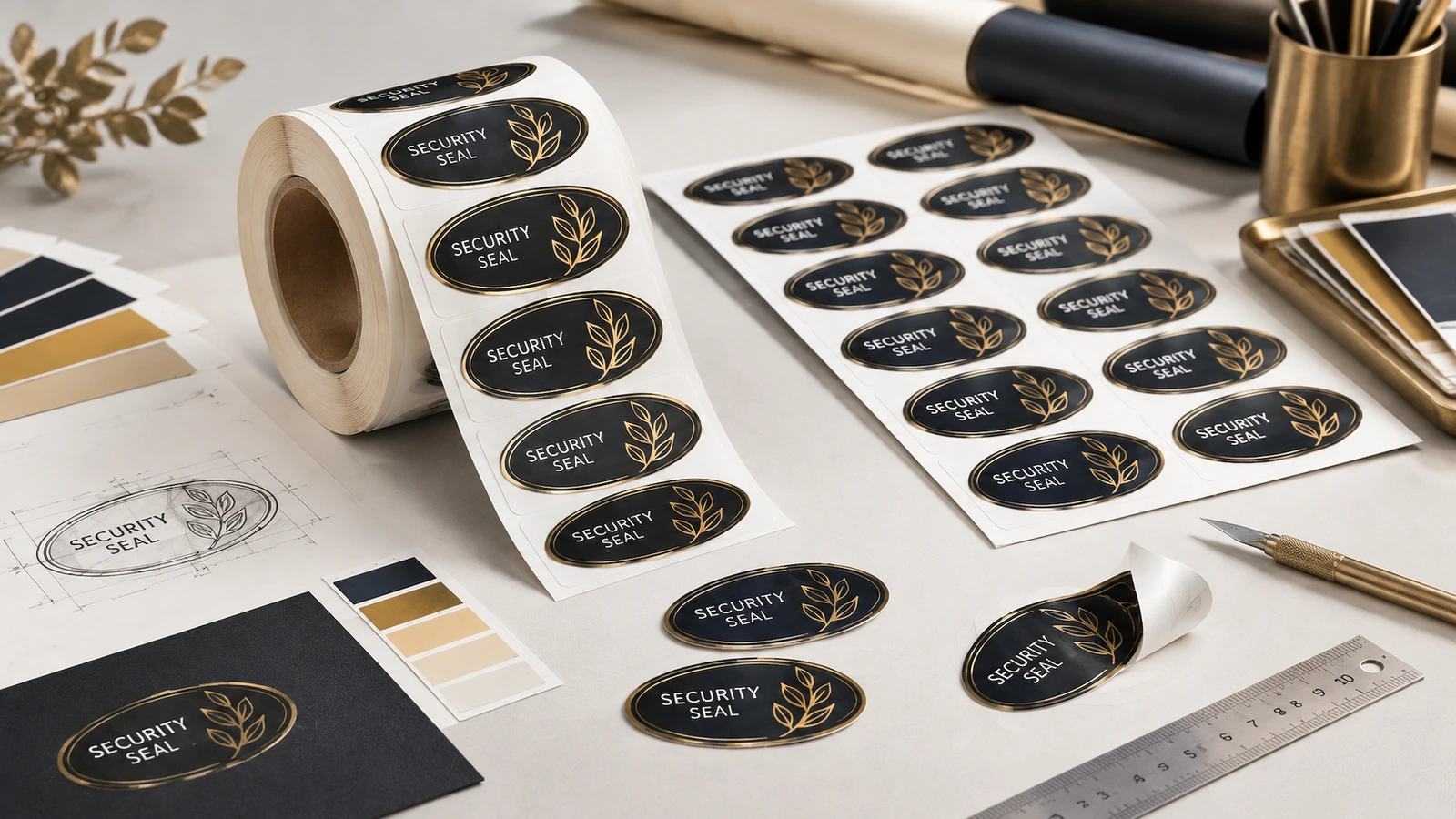 Ovale Sicherheitsetiketten-Muster in Schwarz und Gold auf Rolle und Bogen neben Druckvorlage und Farbmustern