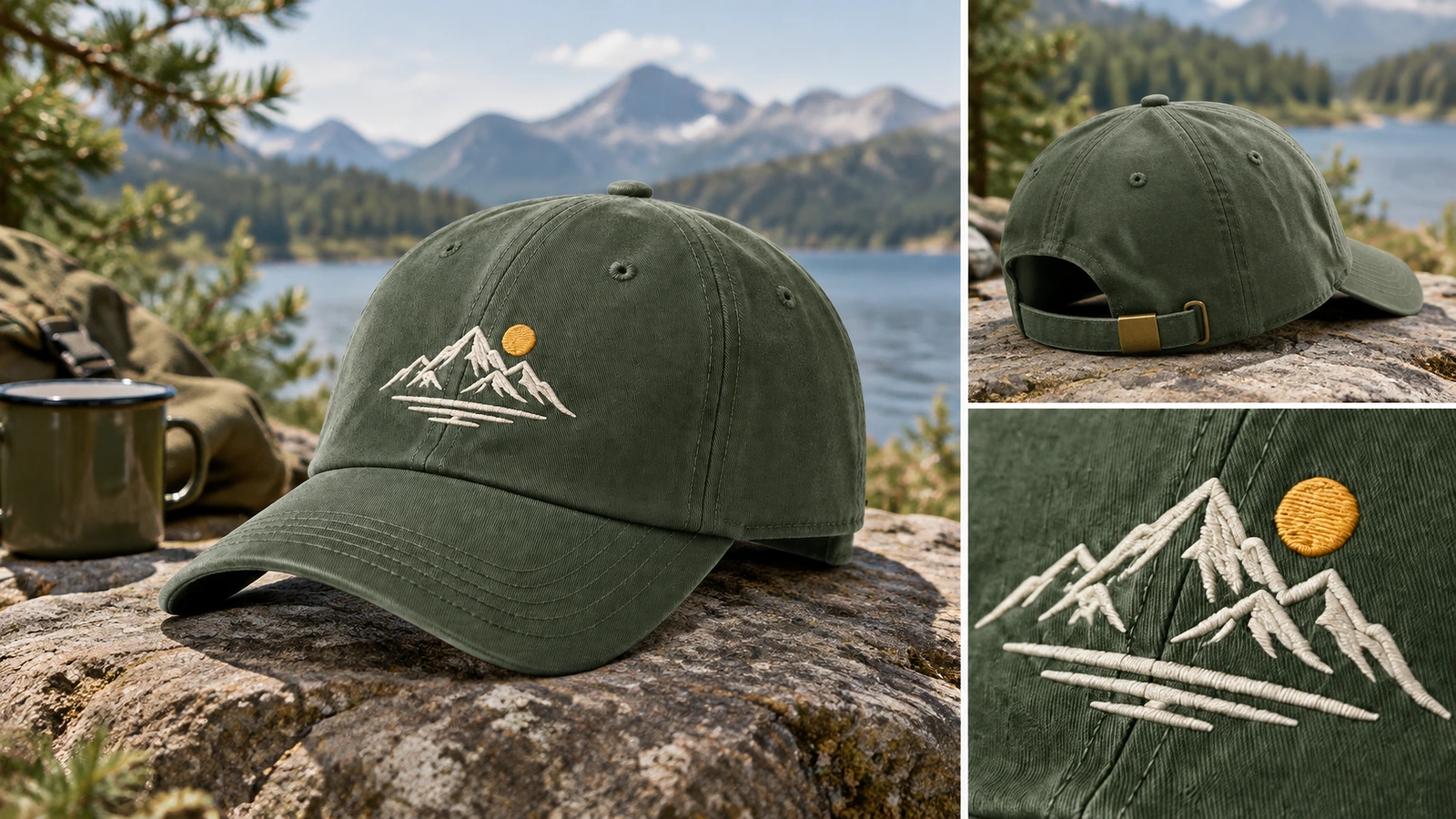 Outdoor-Präsentation der Caps mit Rückenband und Nahaufnahmen der Stickerei