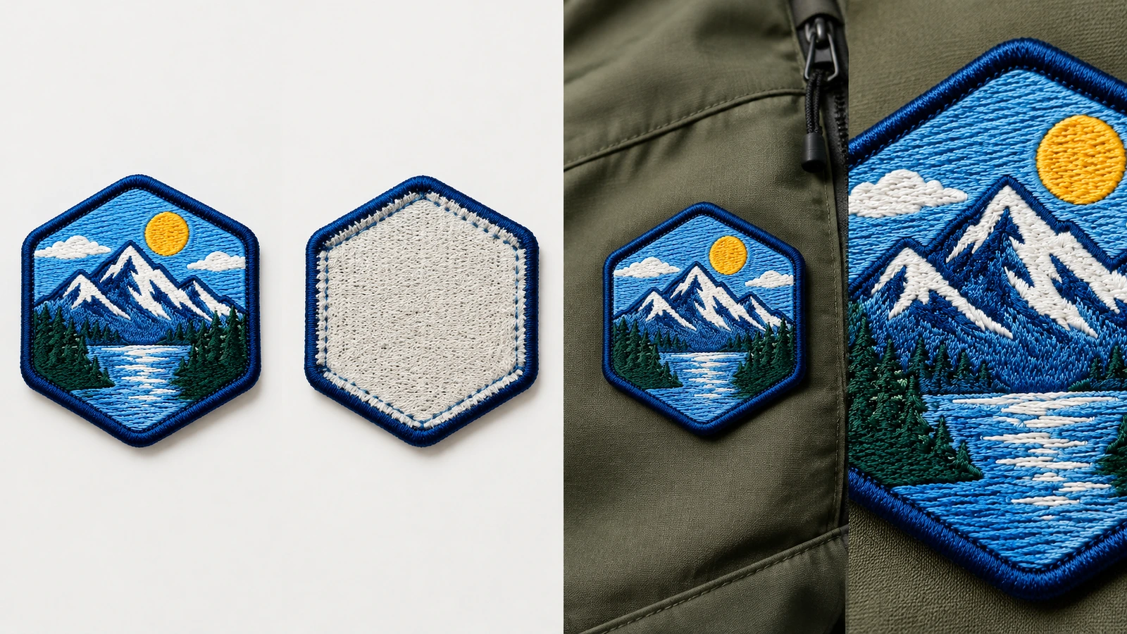 Collage mit Vorderseite, Rückseite und Platzierung eines Aufnähers auf einer Jacke