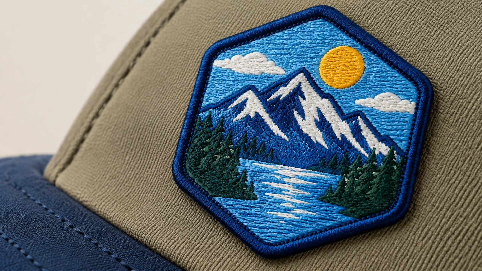 Nahaufnahme eines bestickten Aufnähers mit Bergmotiv auf einer olivgrünen Stoffkappe