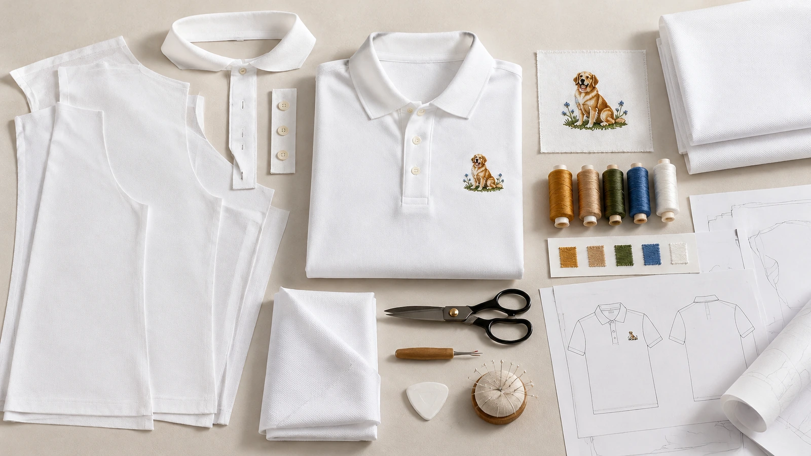 Poloshirt und Stickmaterialien Weißes Poloshirt, Stoffstücke, Stickgarnspulen, eine Schere und ein Muster mit Hundemotiv, auf einer Arbeitsfläche angeordnet