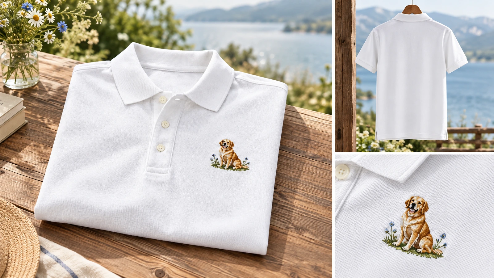 Vorder-, Rück- und Detailansichten des bestickten Poloshirts Collage eines gefalteten bestickten Poloshirts im Freien, einer hängenden Rückansicht und einer Nahaufnahme des Hundemotivs