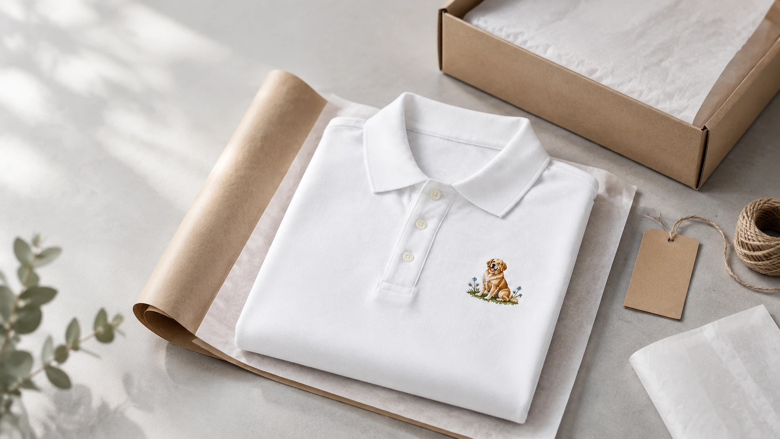Gefaltetes Poloshirt und Verpackungsmaterial Gefaltetes besticktes weißes Poloshirt auf Kraftpapier neben einer Schachtel und einem leeren Etikett