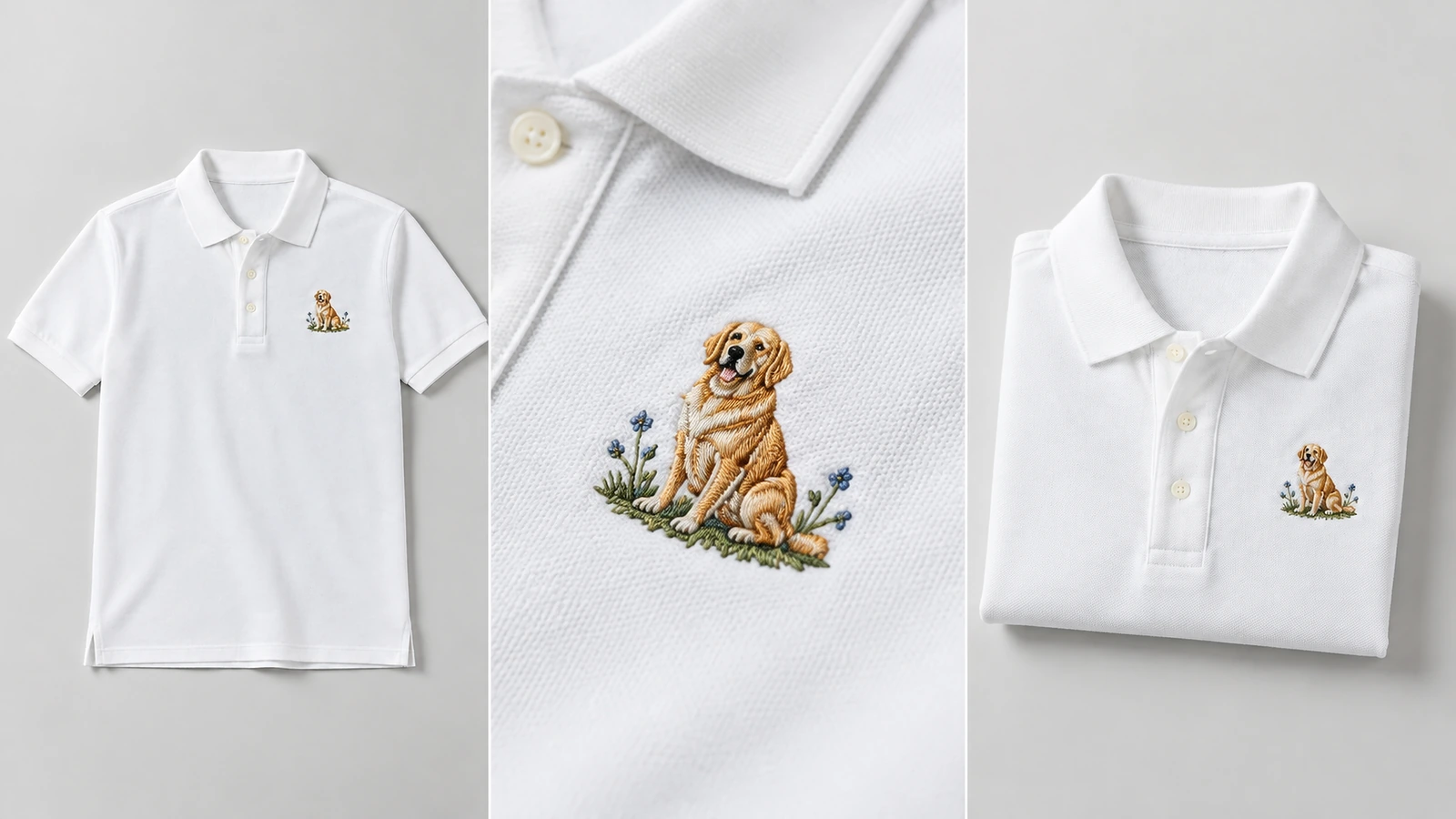 Ansichten des bestickten weißen Poloshirts Collage eines weißen Poloshirts in voller Länge, gefaltet und in einer Nahaufnahme der Stickerei