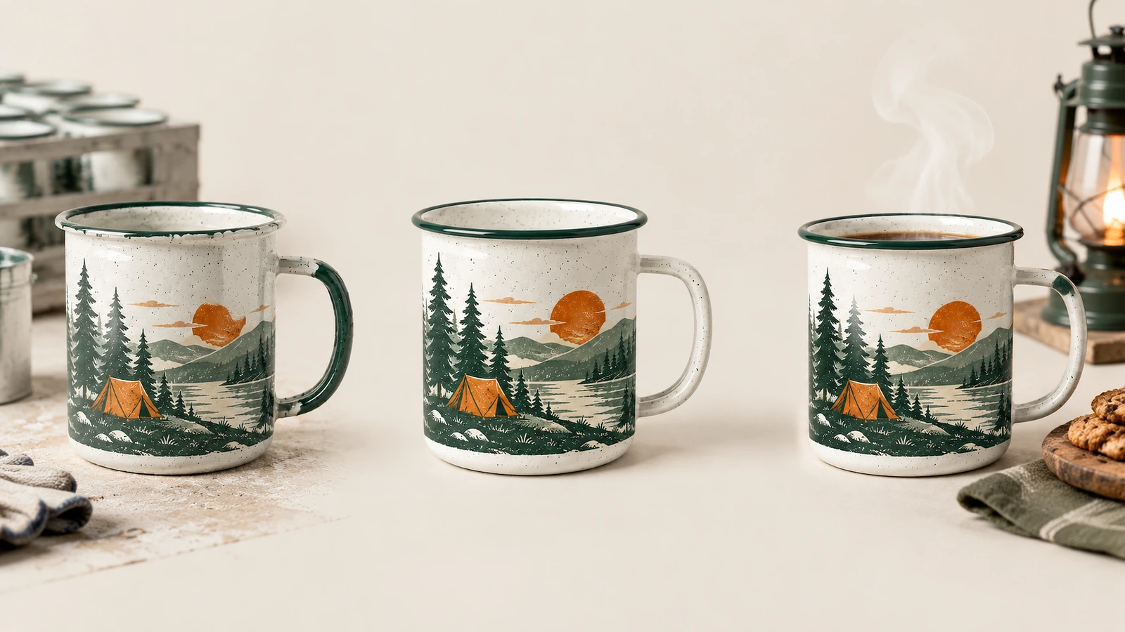 Campingbecher in einer Kaffeeumgebung Drei Campingbecher mit Design auf einer Theke neben Kaffeezubehör