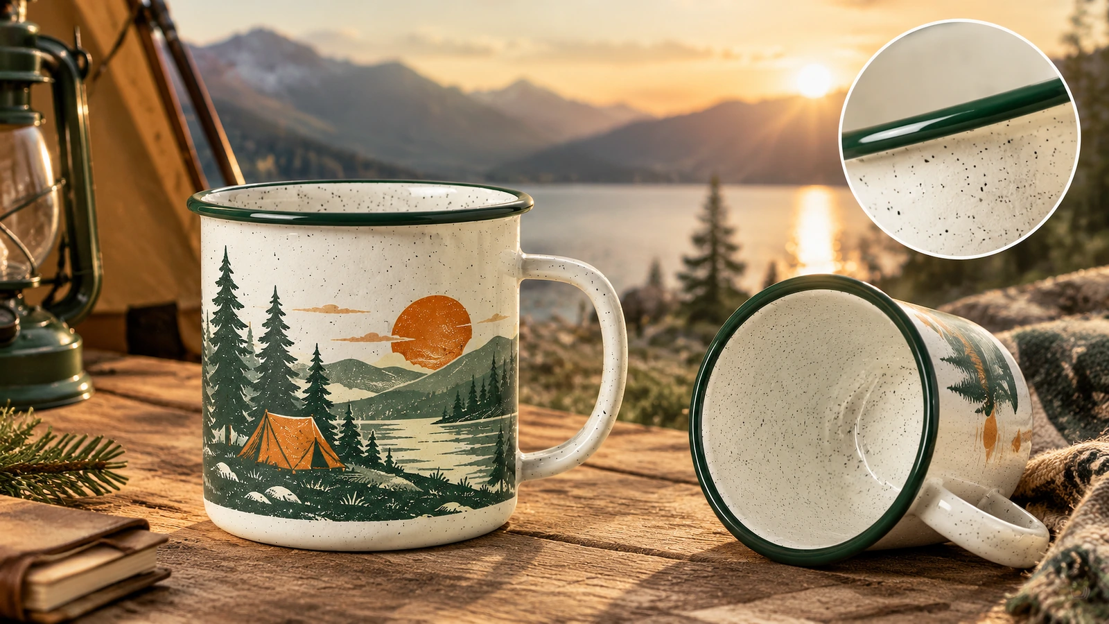 Ansichten des Campingbechers und Randdetail Campingbecher am See bei Sonnenuntergang, mit eingeblendeter Nahaufnahme des grünen Randes