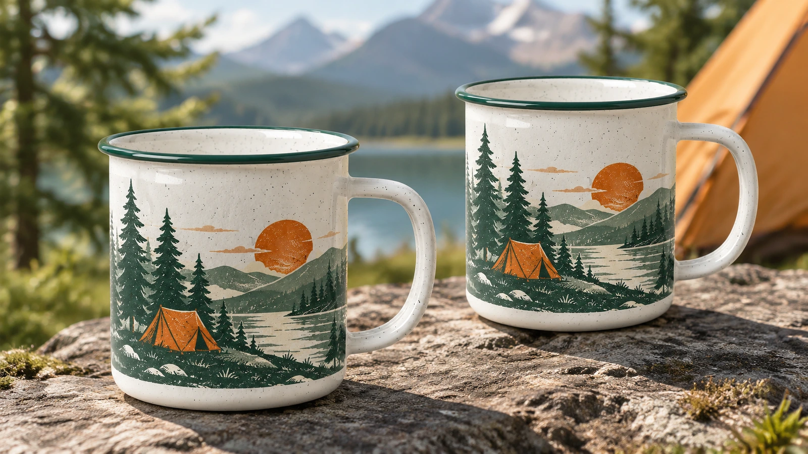 Emaille-Becher auf einem Campingplatz Zwei Campingbecher mit Design auf einem Felsen nahe einem See und einem Zelt