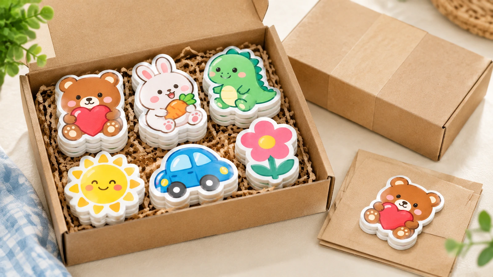 Stapel bunter Figuren-Schaumstoffsticker in einer offenen Geschenkbox aus Kraftpapier mit Füllmaterial aus zerkleinertem Papier