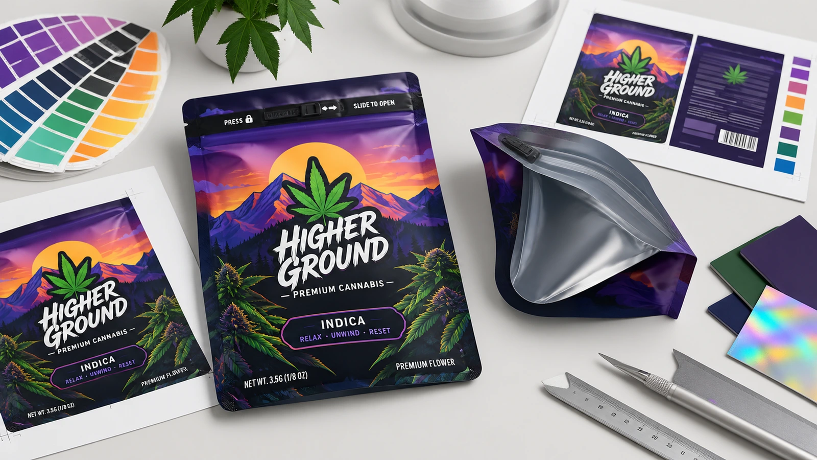 Beutelgrafik und Musterkonzepte Lila Cannabis-Beutel neben bedrucktem Design, Farbmustern und einem geöffneten Beutel mit Blick ins Innere