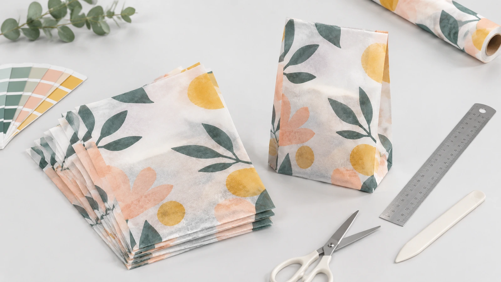 Mit Blumenmuster bedruckte lichtdurchlässige Papiertaschen mit Papierrolle, Lineal, Schere und Farbmustern