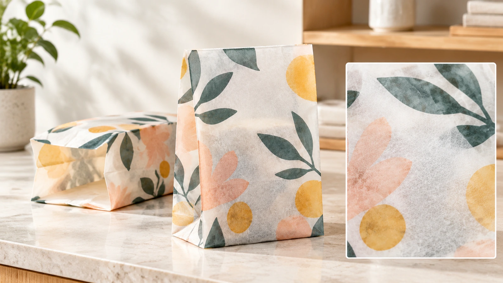 Mit Blumenmuster bedruckte Papiertaschen mit eingeblendeter Nahaufnahme der Papieroberfläche