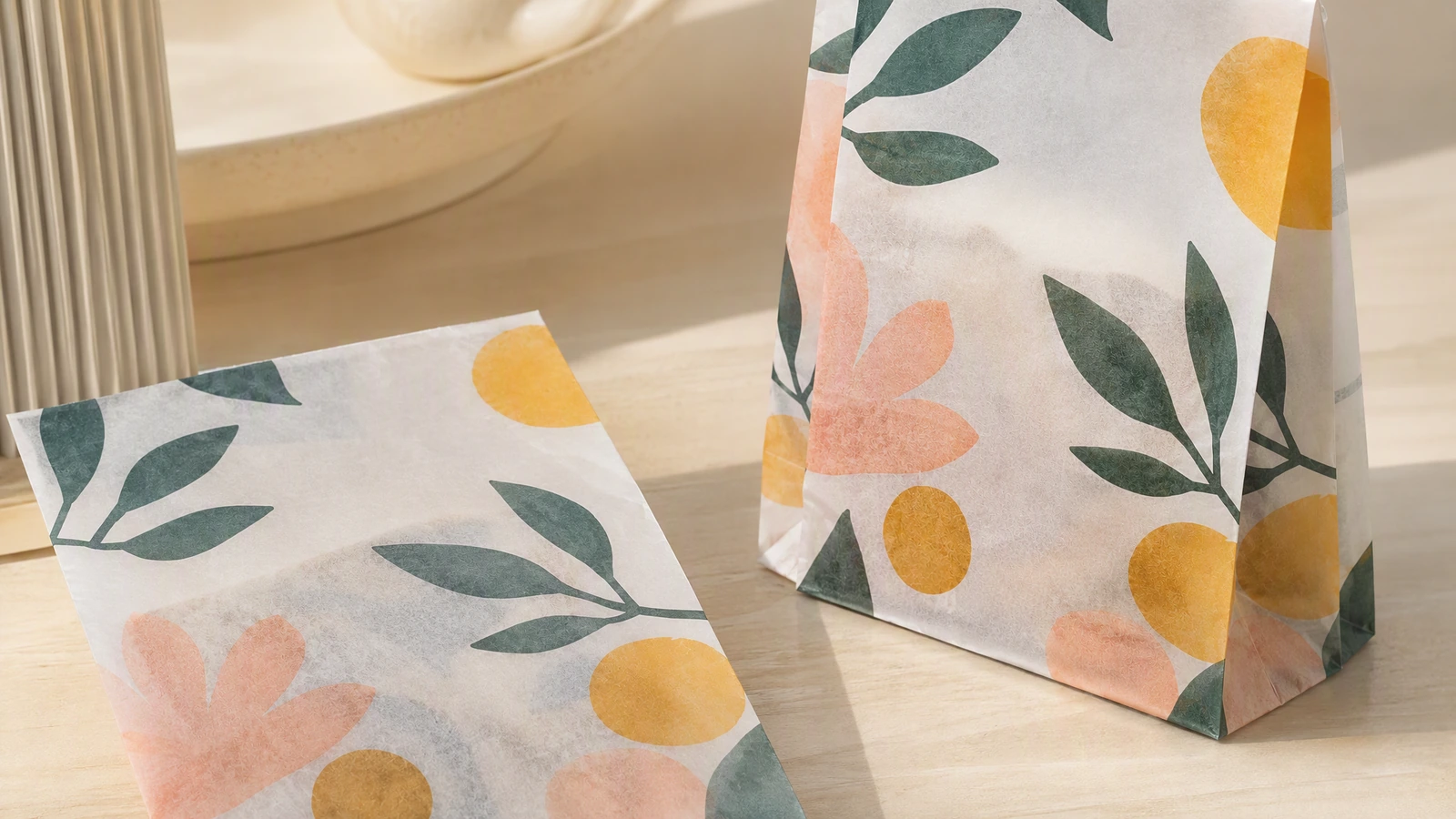 Flach liegende und aufgestellte, mit Blumenmuster bedruckte Papiertaschen auf einem Holztisch