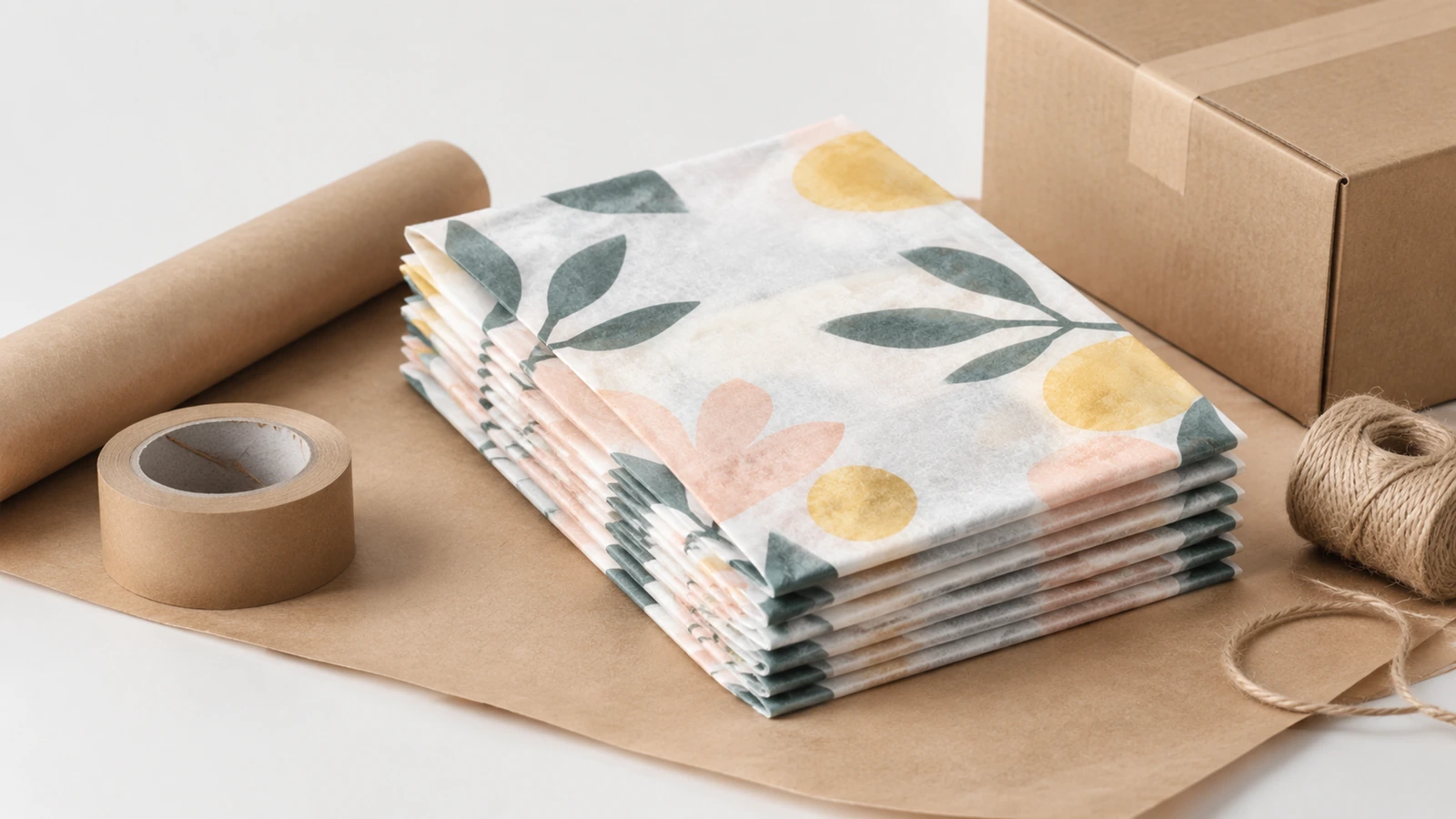 Stapel mit Blumenmuster bedruckter Taschen neben Packband, Schnur und einem Karton