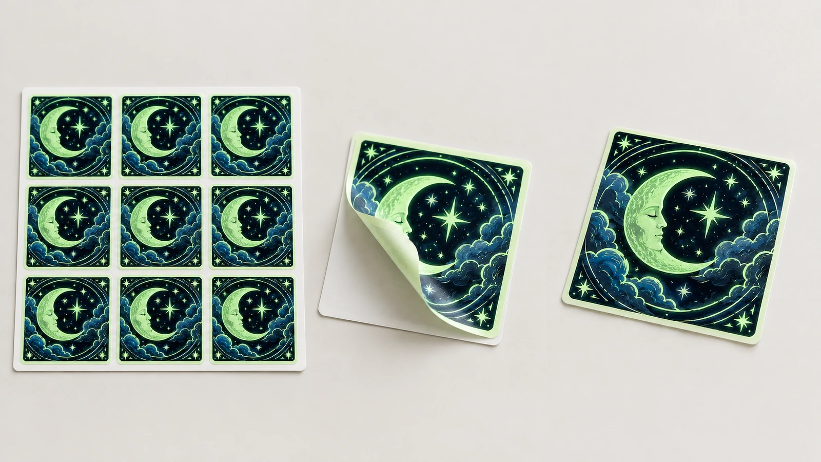 Mond-Stickerbogen und einzelne Sticker Ein Bogen mit neun Mond-und-Sterne-Stickern neben zwei einzelnen Stickern, wobei eine Ecke vom Träger abgehoben ist
