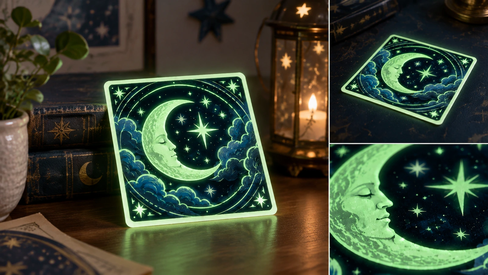 Mond-und-Sterne-Sticker bei schwachem Licht Collage eines grünen Mond-und-Sterne-Stickers in einem schwach beleuchteten Raum mit Nahaufnahmen