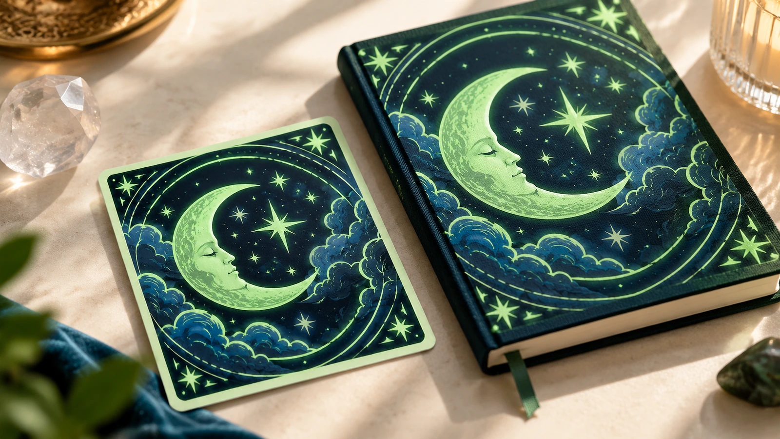 Mond-Sticker neben einem passenden Notizbuch Mond-und-Sterne-Sticker neben einem Notizbuch mit passendem Himmelsmotiv