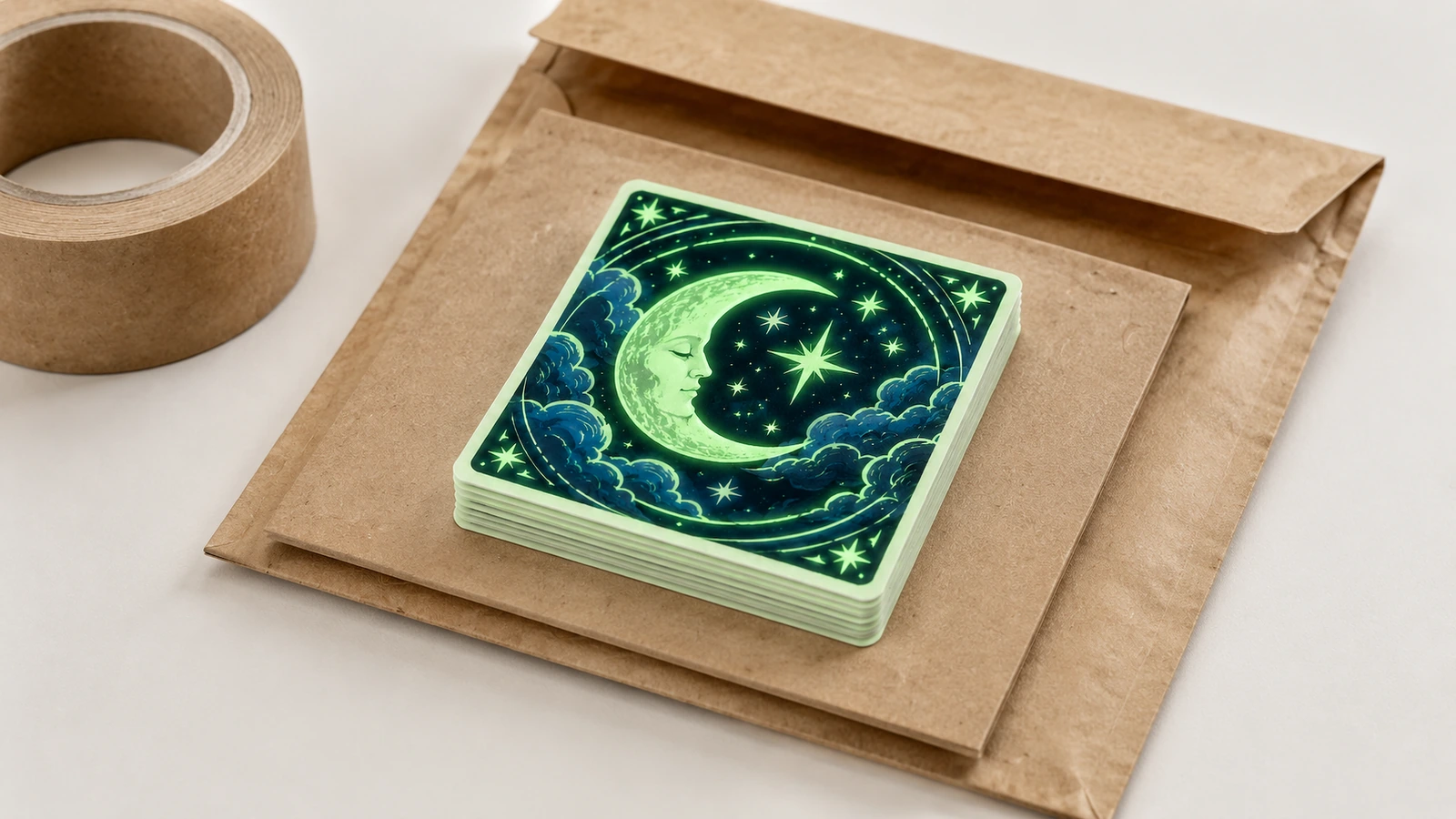 Mond-Sticker mit Kraftpapierverpackung Stapel quadratischer Mond-und-Sterne-Sticker auf einem Kraftpapierumschlag neben einer Rolle braunen Klebebands