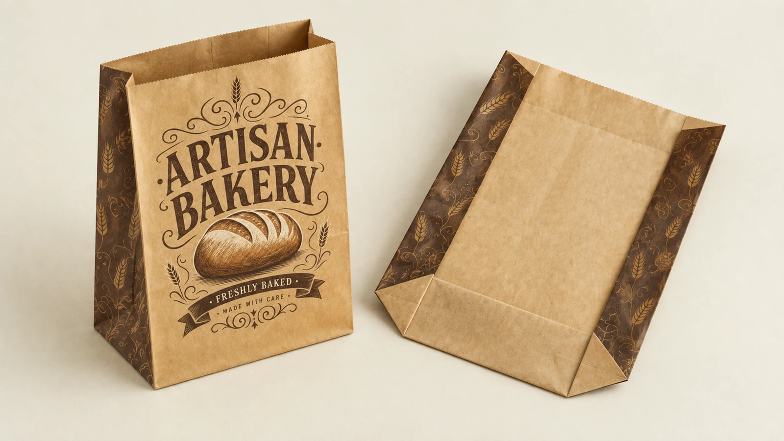 Vorder- und Rückansicht einer Bäckereipapiertüte Vorder- und Rückansicht brauner Papiertüten von ARTISAN BAKERY mit gemusterten Seitenteilen