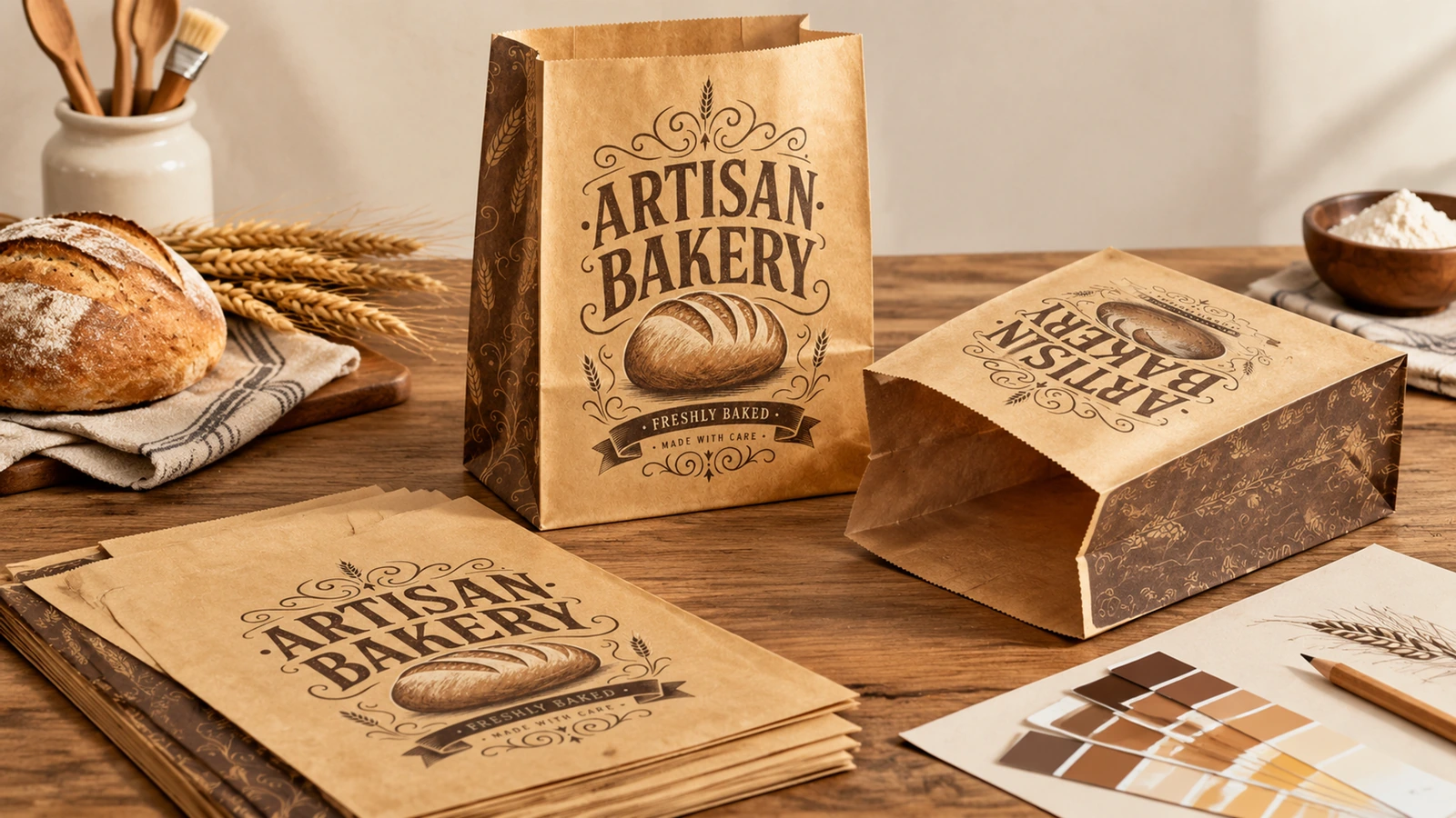 Anforderungen an Bäckereibeutel auf Lebensmittel und To-go-Szenario abstimmen Illustrative Einkaufsszene einer Bäckerei mit bedruckten Papierbeutelmustern neben Gebäck