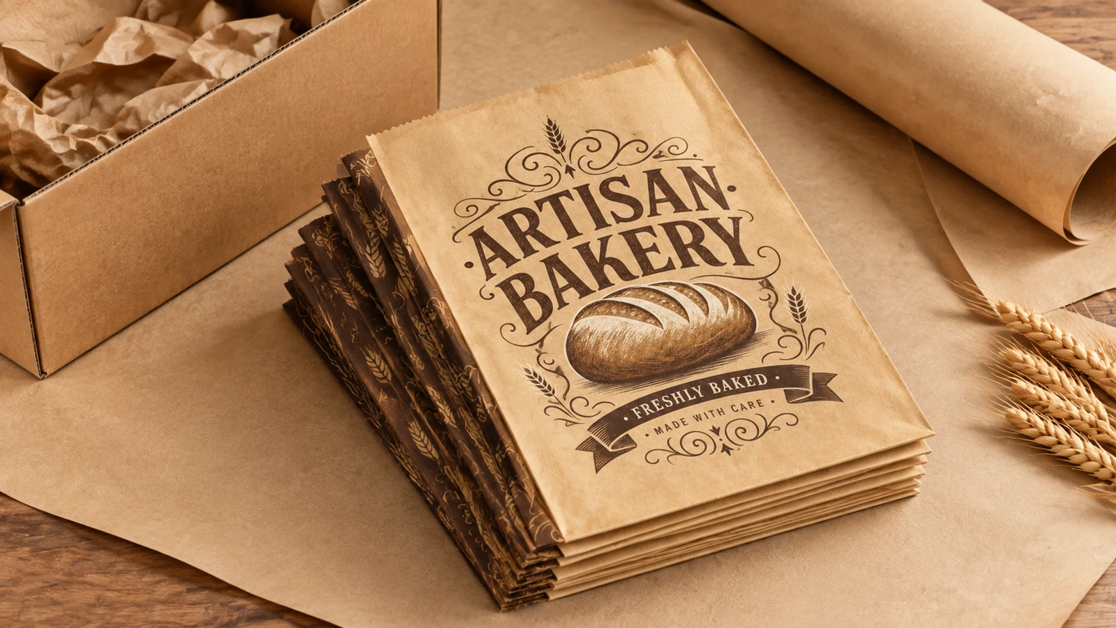 Flache Bäckereitüten und Verpackungsmaterial Stapel flacher ARTISAN BAKERY-Tüten neben einem Karton, Packpapier und Weizen