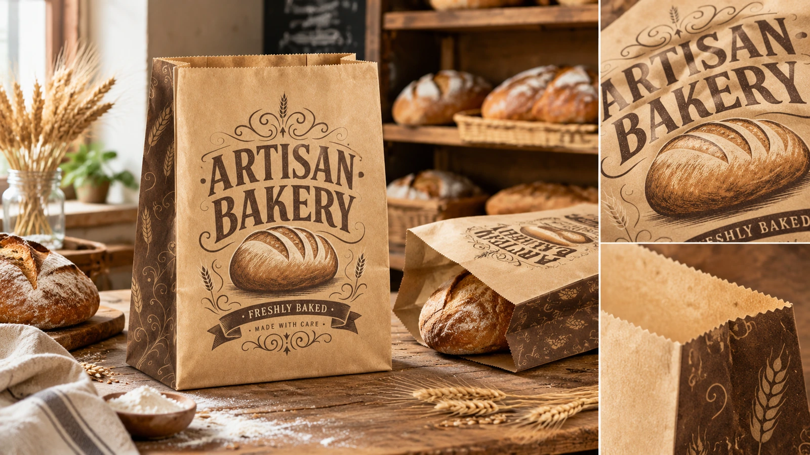 Details von Druck und Öffnung einer Bäckereitüte Präsentation bedruckter Bäckereitüten mit Nahaufnahmen der Grafik und der gezackten Öffnung