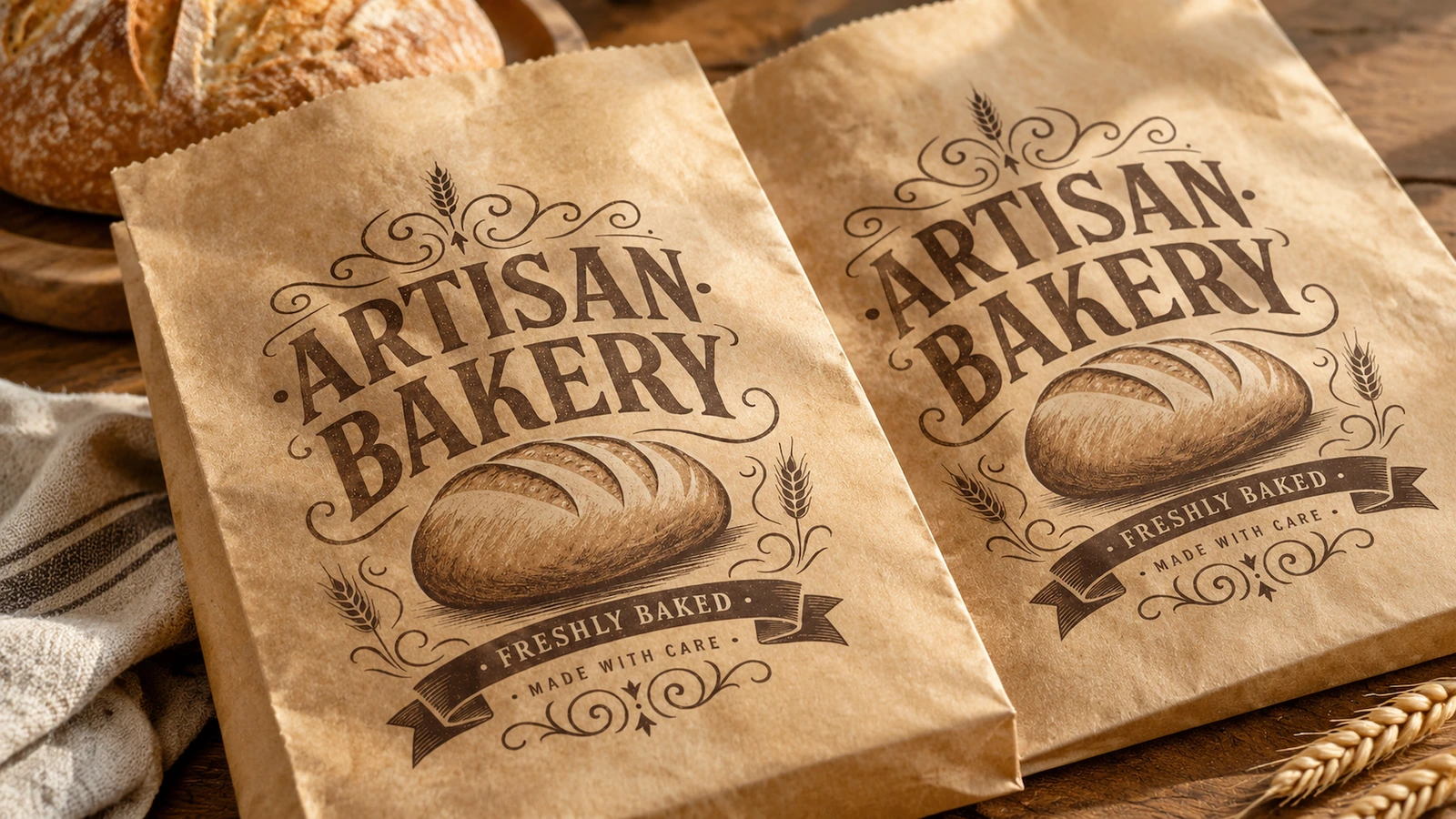 Bäckereitüten neben Brot Zwei braune ARTISAN BAKERY-Tüten neben Brot und Weizen