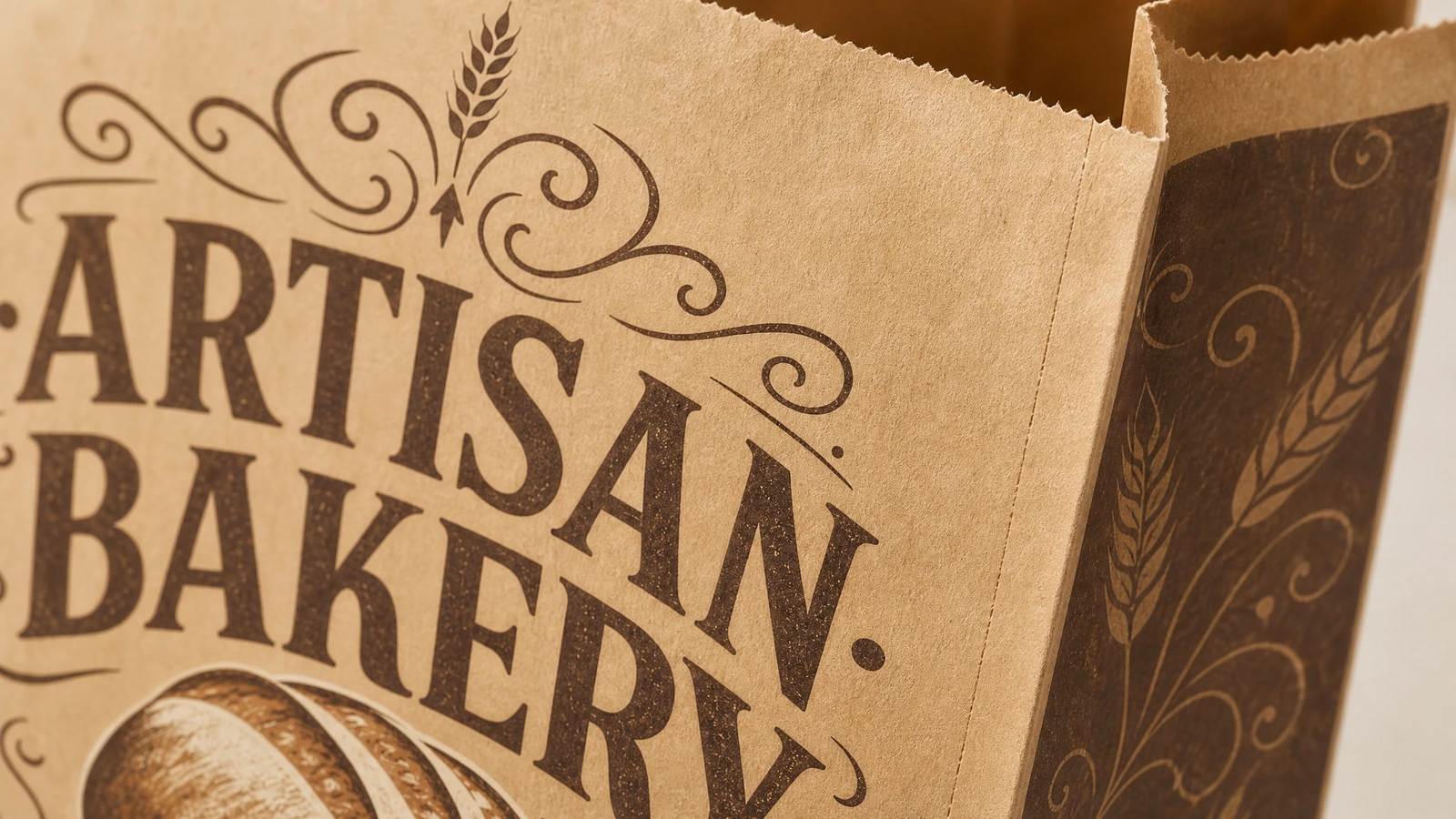 Detail von Druck und Öffnung einer Bäckereitüte Nahaufnahme des ARTISAN BAKERY-Drucks und einer gezackten Tütenöffnung