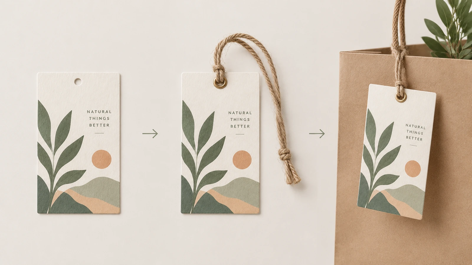 Ablauf mit einem gestanzten botanischen Anhänger, einer Bindfadenschlaufe und der Befestigung an einer Papiertüte