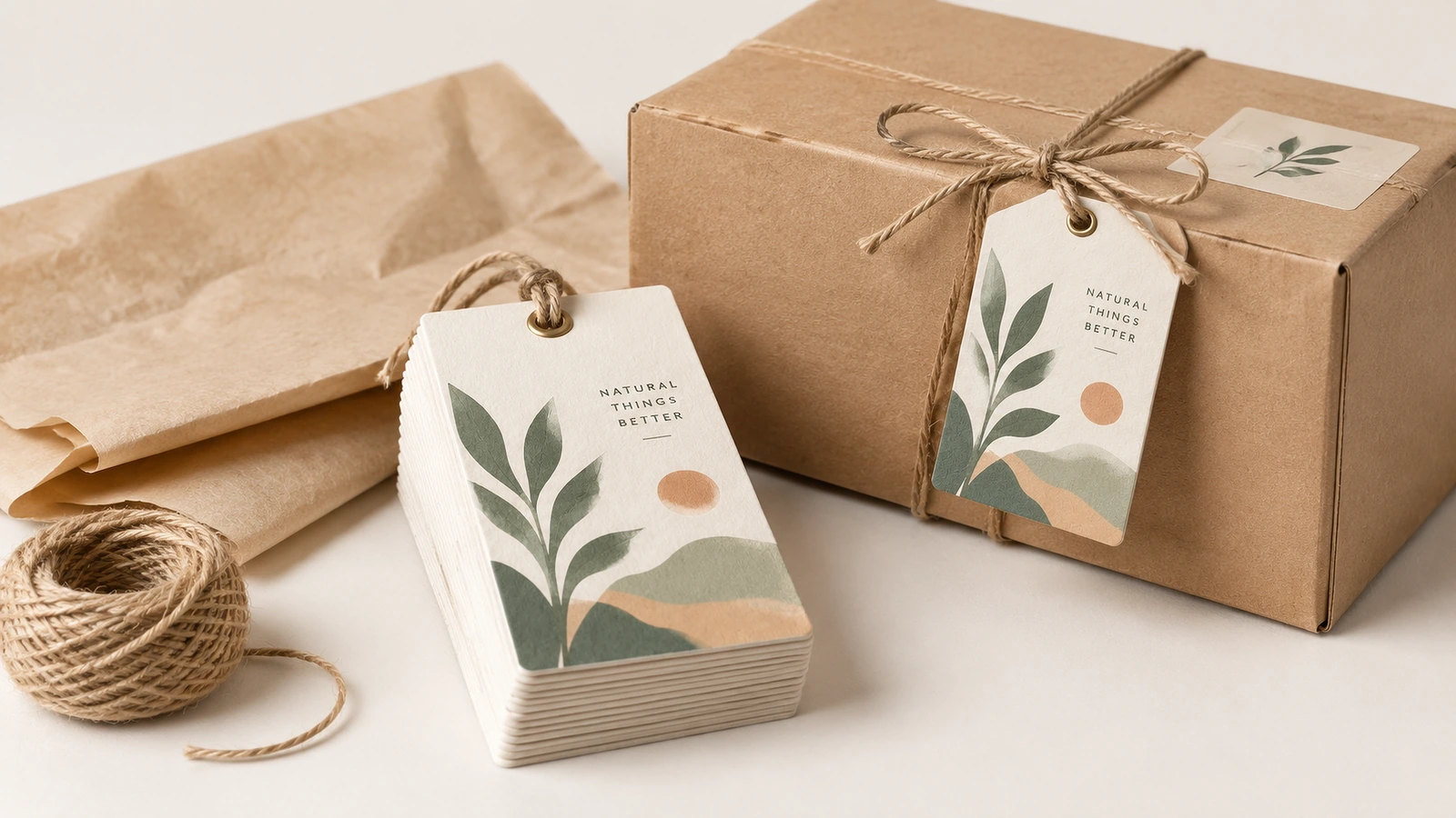 Gestapelte botanische Hangtags mit Bindfaden neben einem braunen Versandkarton