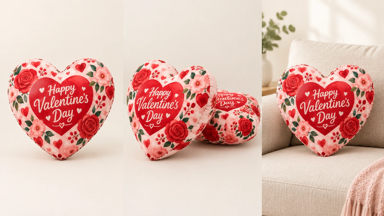 Collage mit floralen Valentinstags-Herzkissen in mehreren Präsentationspositionen