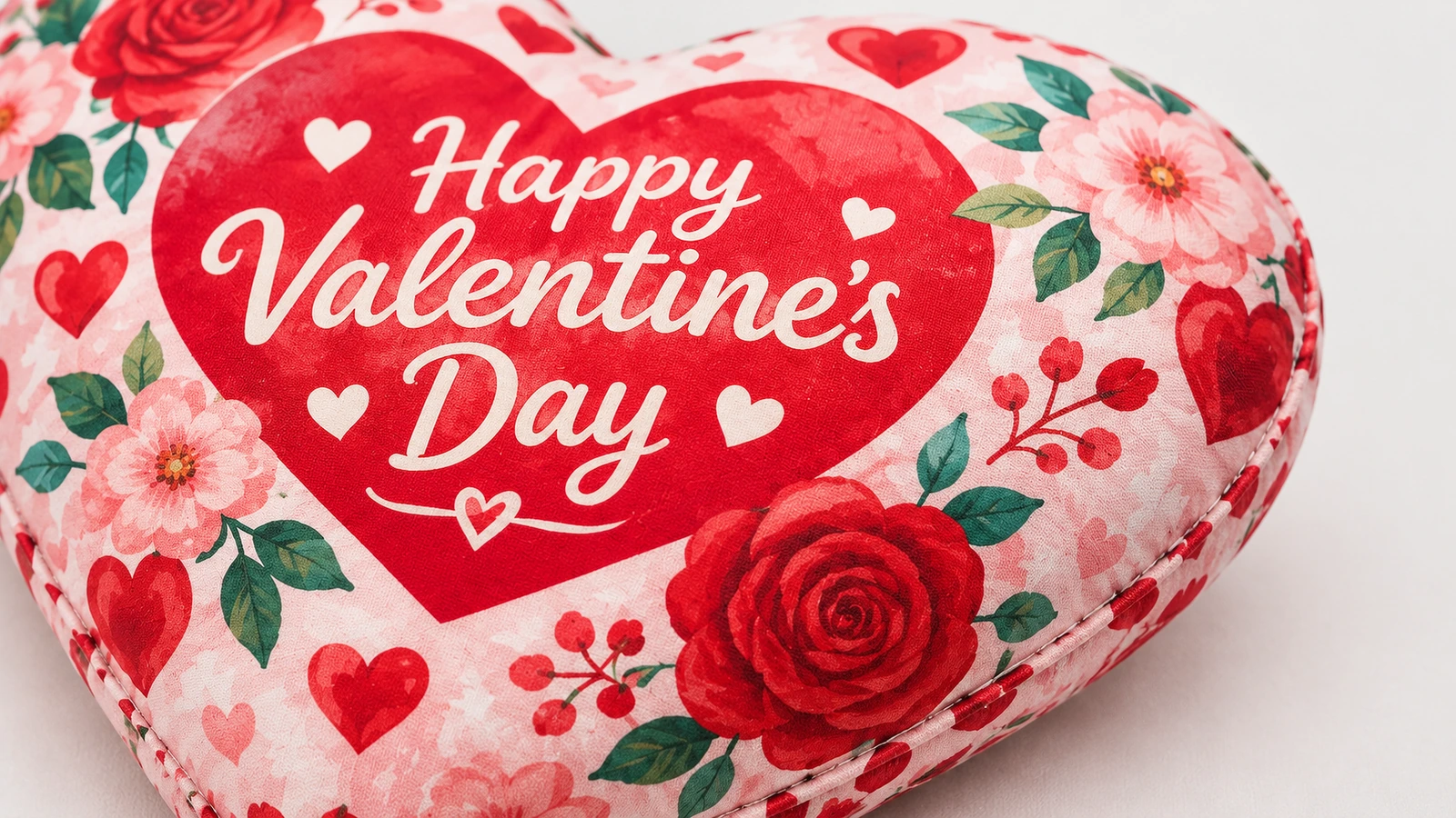 Nahaufnahme eines floralen Herzkissens mit einem bedruckten Valentinsgruß