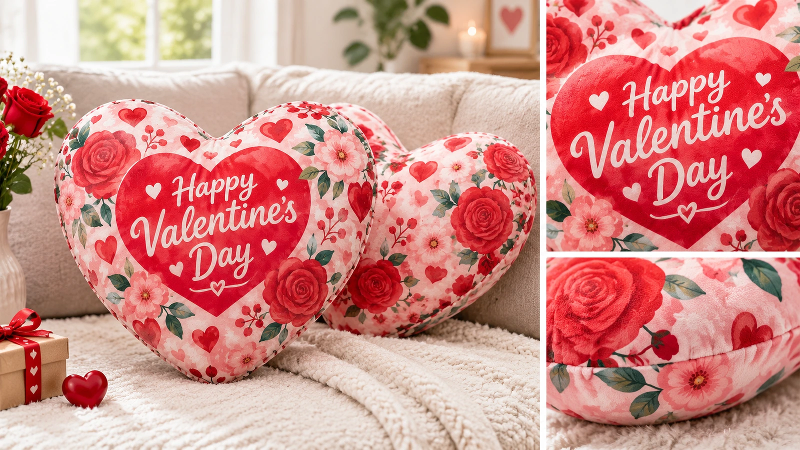 Sofa mit floralen Herzkissen, mit Nahaufnahmen des Grußes und der Naht