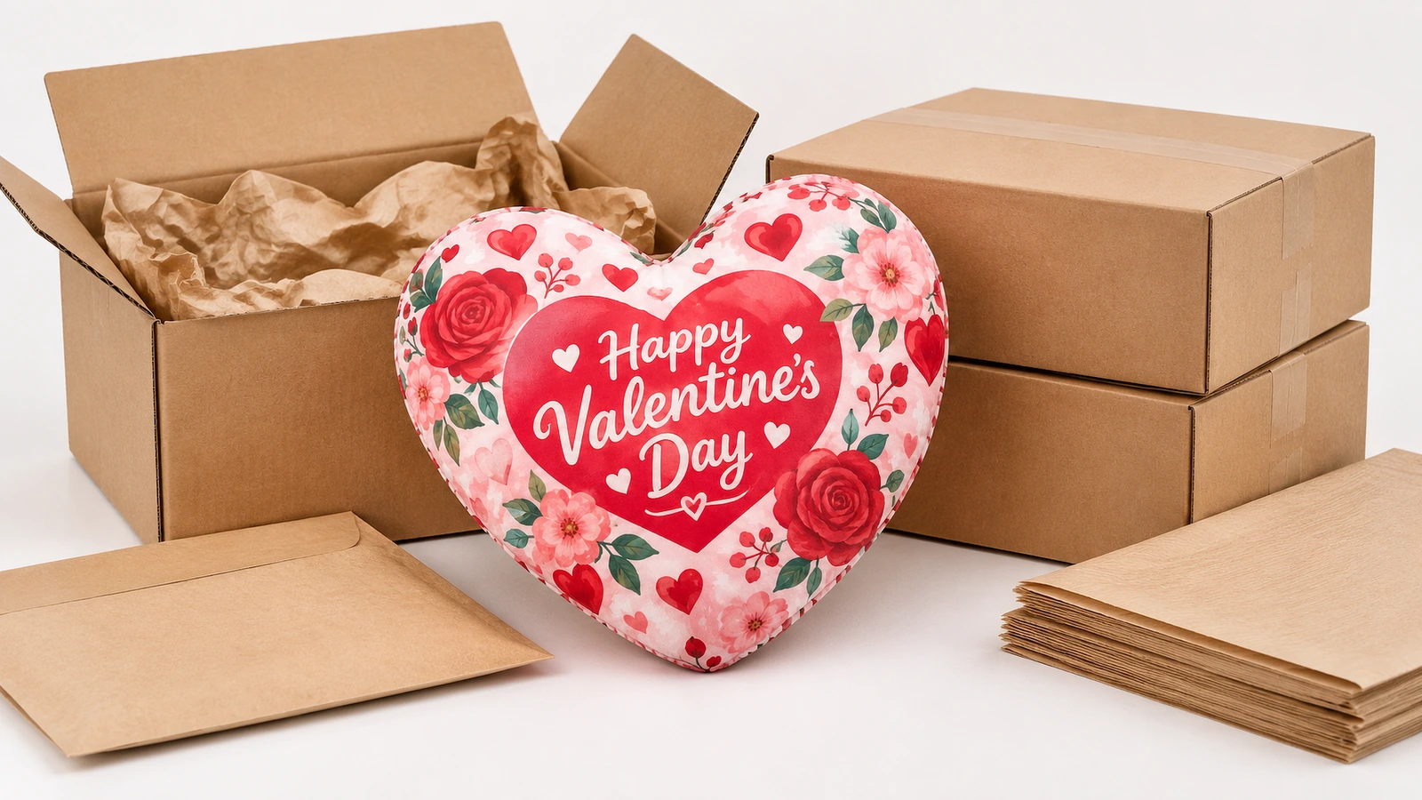 Valentinstags-Herzkissen neben Kartons und Verpackungspapier