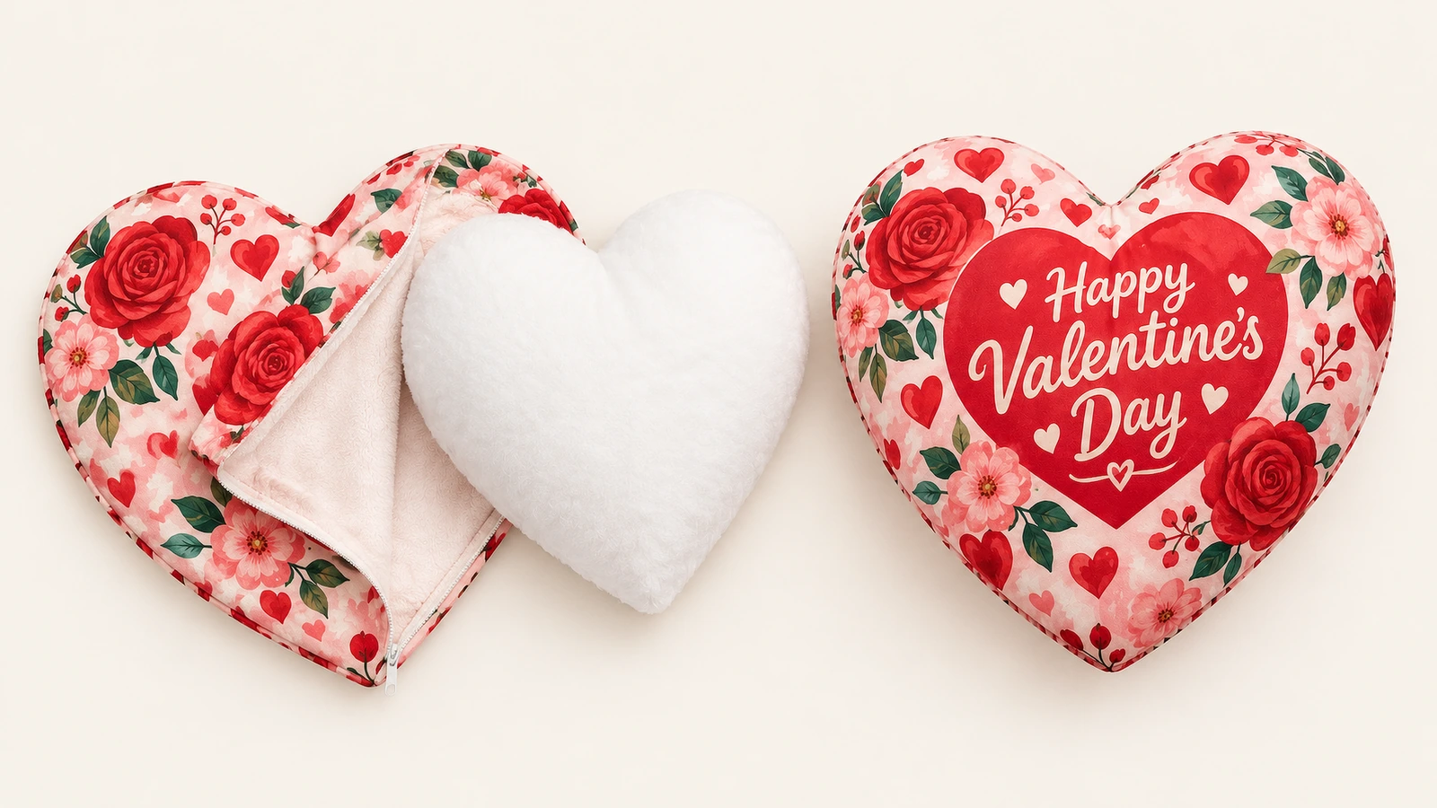 Bedruckter Herzkissenbezug, weiße herzförmige Einlage und gefülltes Valentinstagskissen