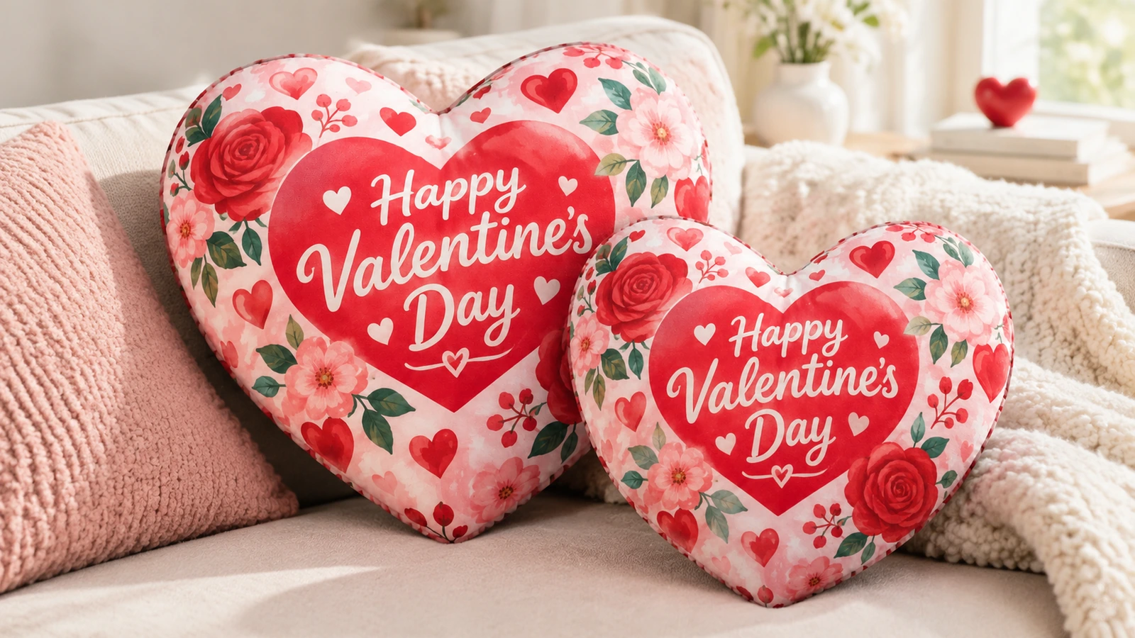 Zwei florale Valentinstags-Herzkissen auf einem Sofa