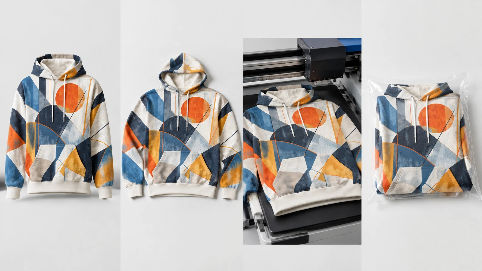 Collage geometrischer Hoodies, aufrecht, flach, gefaltet und unter Druckausrüstung positioniert