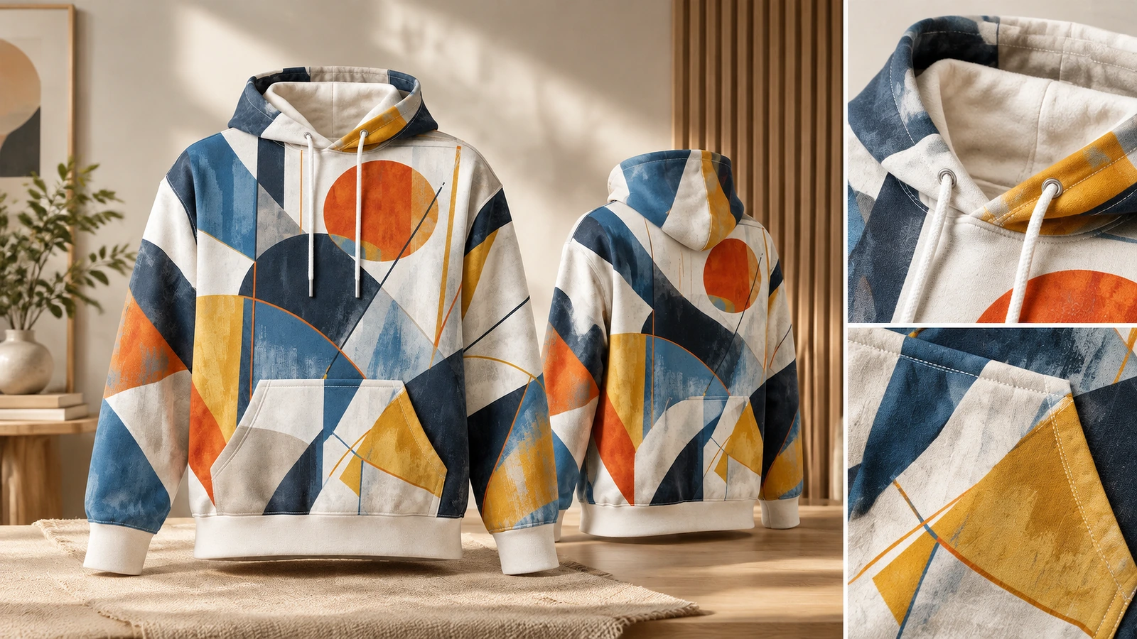 Vorder- und Rückansicht eines geometrischen Hoodies mit Nahaufnahmen von Kapuze und Tasche