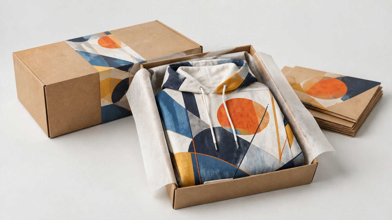 Gefalteter geometrischer Hoodie in einer mit Seidenpapier ausgelegten Kartonbox neben passender bedruckter Verpackung